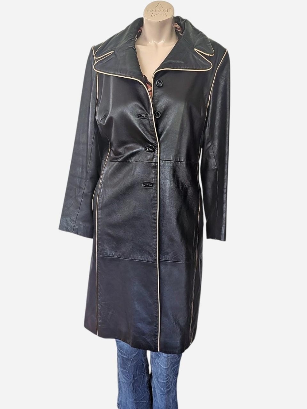 Black Leather Long Coat with Contrast Cream Piping